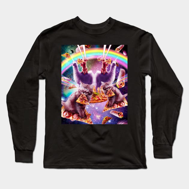 Laser Pizza Cat On Llama, Lazer Kitty Cats In Rainbow Space Long Sleeve T-Shirt by Random Galaxy